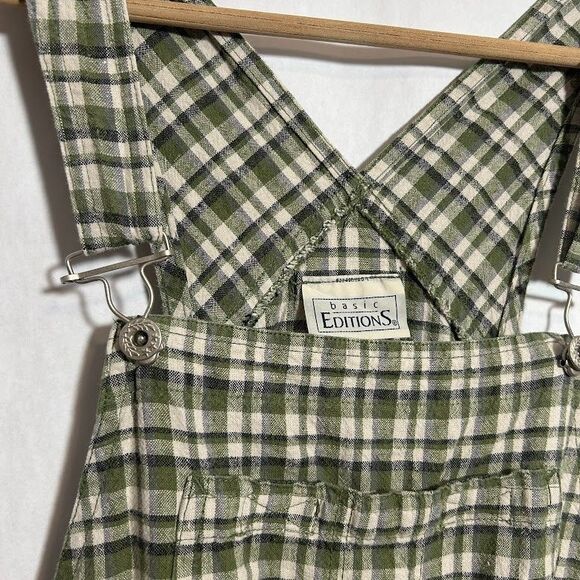 VTG 90s Plaid Linen Blend Overall Shorts Shortalls Womens M Green Granola Camp - Picture 5 of 9